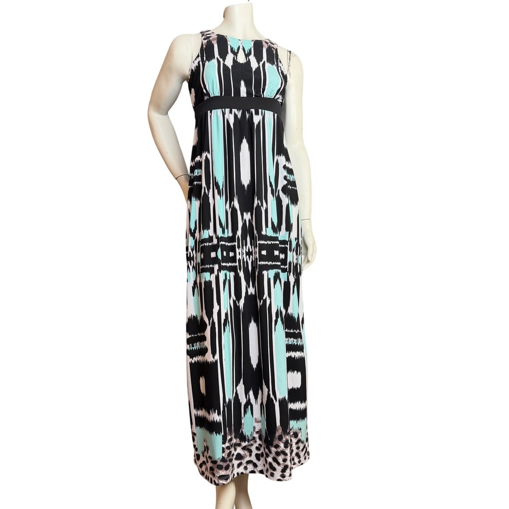 Cleo Petites Maxi Dress Ikat Leopard Print Keyhole Boho Resort Black Blue XS